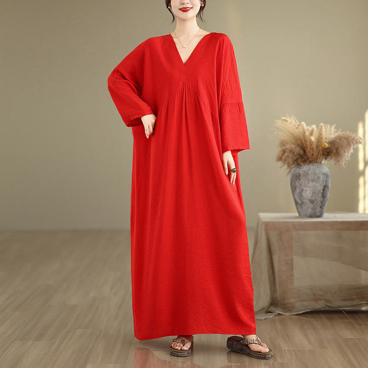 Vestido midi de algodón con cuello en V y manga larga en color puro de Buddha Stones Fall - Rojo - US4-12, UK/AU8-18, UE36-46(F) - image 8