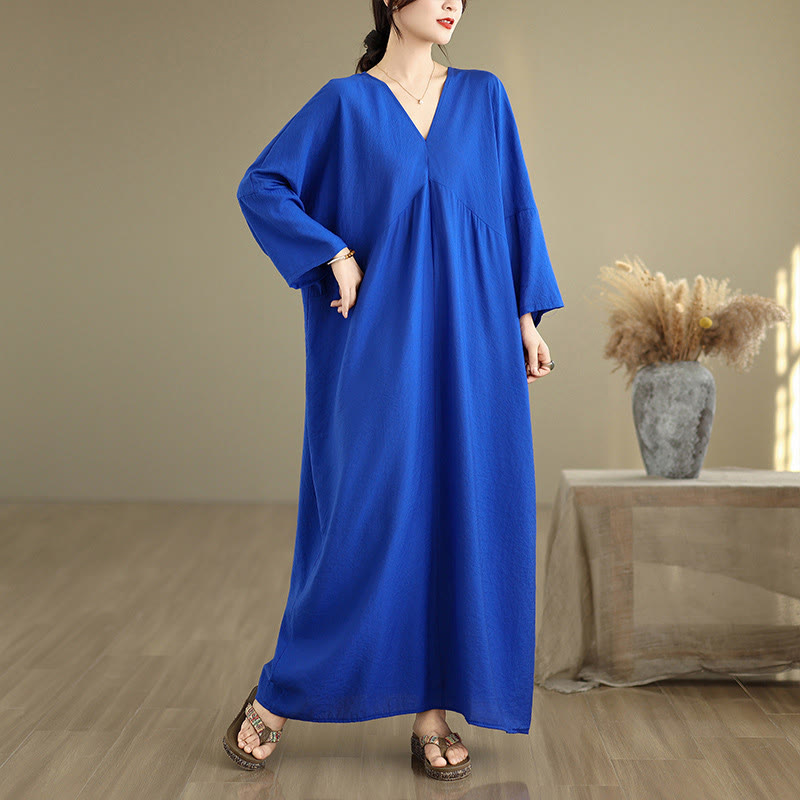 Vestido midi de algodón con cuello en V y manga larga en color puro de Buddha Stones Fall - Azul - US4-12, UK/AU8-18, UE36-46(F) - image 12