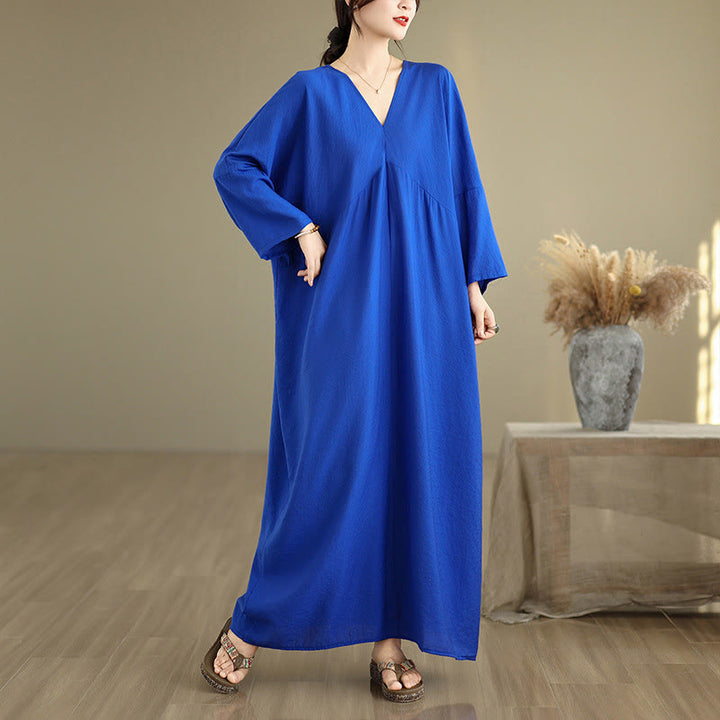 Vestido midi de algodón con cuello en V y manga larga en color puro de Buddha Stones Fall - Azul - US4-12, UK/AU8-18, UE36-46(F) - image 12