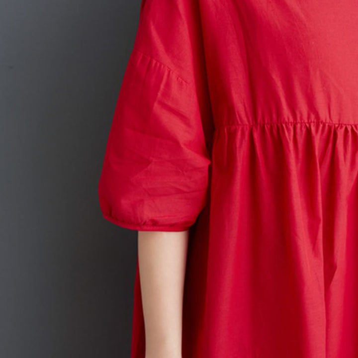 Vestido midi de algodón con cuello redondo, mangas abullonadas y diseño plisado de color liso con Buddha Stones - image 31