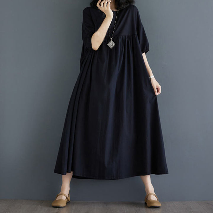 Vestido midi de algodón con cuello redondo, mangas abullonadas y diseño plisado de color liso con Buddha Stones - Negro - US14，UK/AU18，EU46 (2XL) - image 32