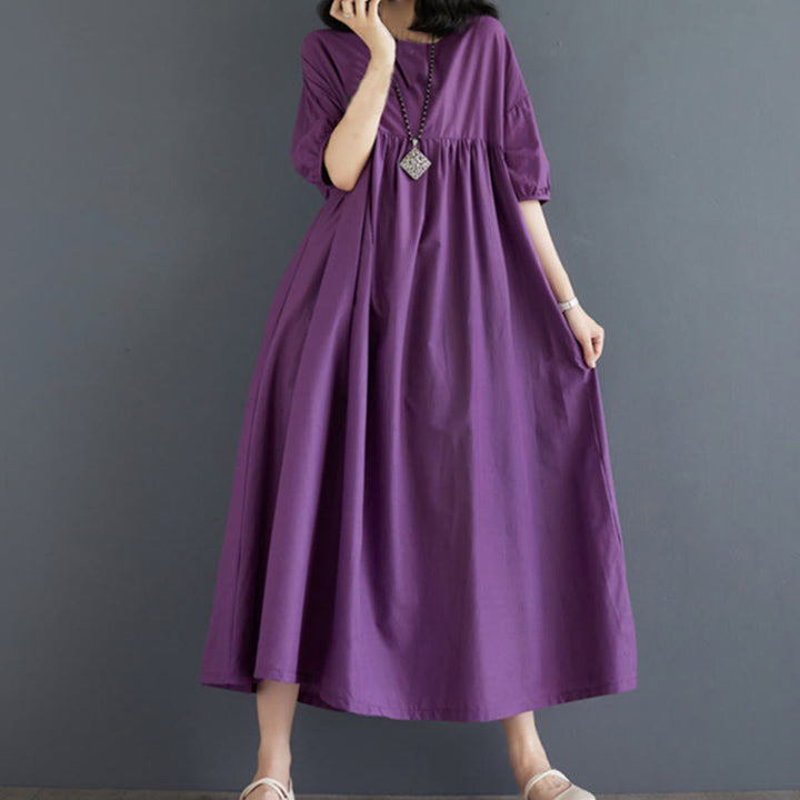 Vestido midi de algodón con cuello redondo, mangas abullonadas y diseño plisado de color liso con Buddha Stones - Púrpura - US14，UK/AU18，EU46 (2XL) - image 1