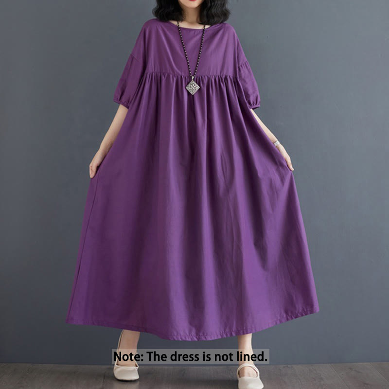 Vestido midi de algodón con cuello redondo, mangas abullonadas y diseño plisado de color liso con Buddha Stones - image 2