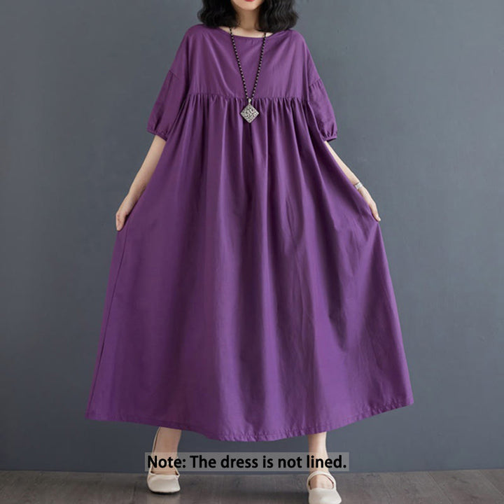 Vestido midi de algodón con cuello redondo, mangas abullonadas y diseño plisado de color liso con Buddha Stones - image 2