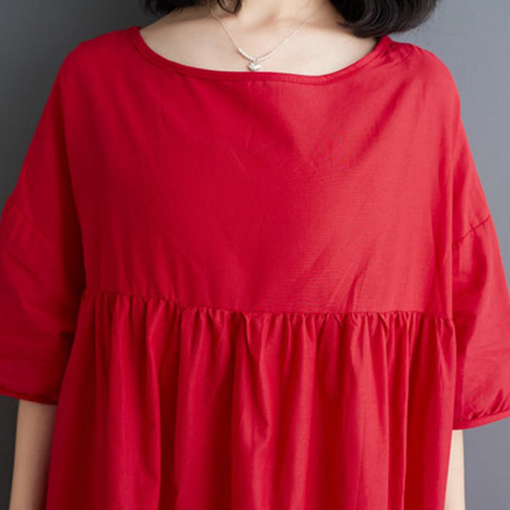 Vestido midi de algodón con cuello redondo, mangas abullonadas y diseño plisado de color liso con Buddha Stones - image 29