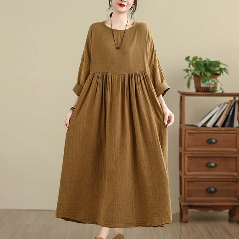 Vestido midi de lino y algodón de manga larga con bolsillos y estampado de Buddha Stones Commute en color puro - Vara de oro - US4-12, UK/AU8-18, UE36-46(F) - image 1