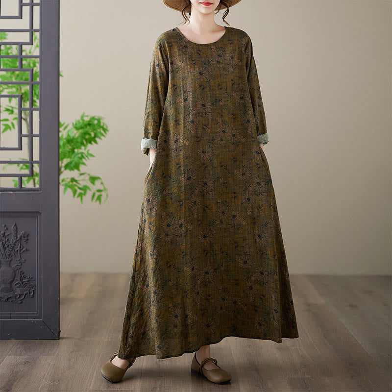 Vestido largo de lino y algodón con estampado floral de oliva y Buddha Stones , de manga larga y bolsillos - Aceituna - US14, UK/AU18, EU46 (3XL) - image 1