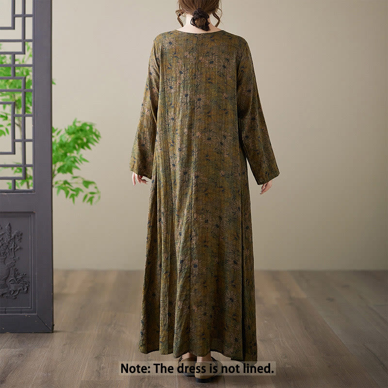 Vestido largo de lino y algodón con estampado floral de oliva y Buddha Stones , de manga larga y bolsillos - image 2
