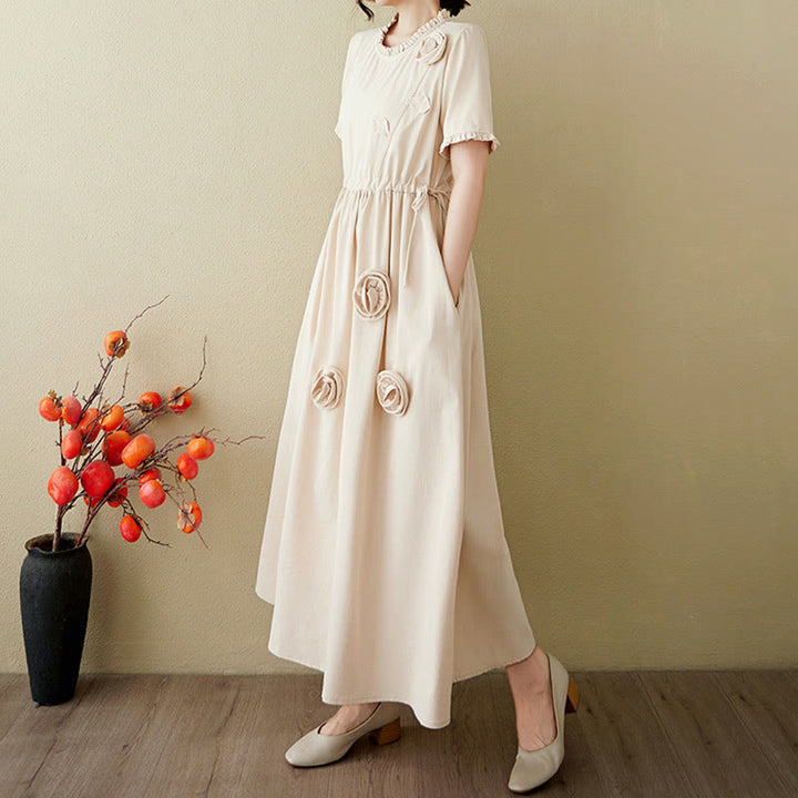 Vestido midi de lino y algodón con mangas cortas, volantes y bolsillos, con flores tridimensionales de Buddha Stones - image 21