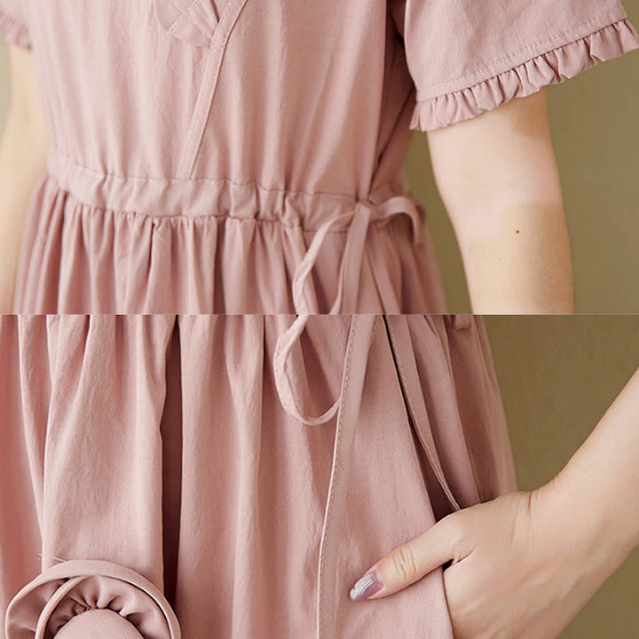 Vestido midi de lino y algodón con mangas cortas, volantes y bolsillos, con flores tridimensionales de Buddha Stones - image 15