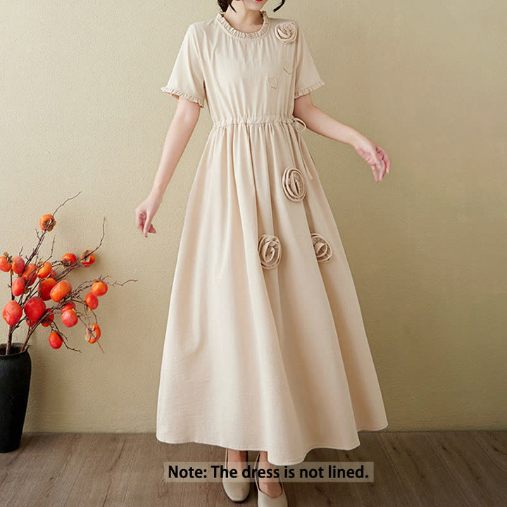Vestido midi de lino y algodón con mangas cortas, volantes y bolsillos, con flores tridimensionales de Buddha Stones - image 18