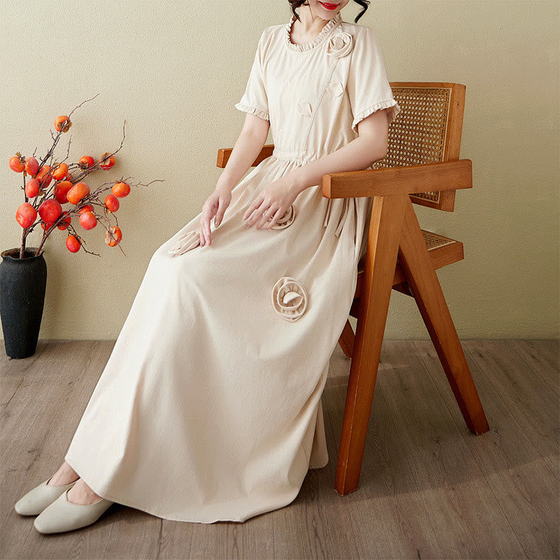 Vestido midi de lino y algodón con mangas cortas, volantes y bolsillos, con flores tridimensionales de Buddha Stones - Beige - US8-10，UK/AU12-14，EU40-42 (2XL) - image 17