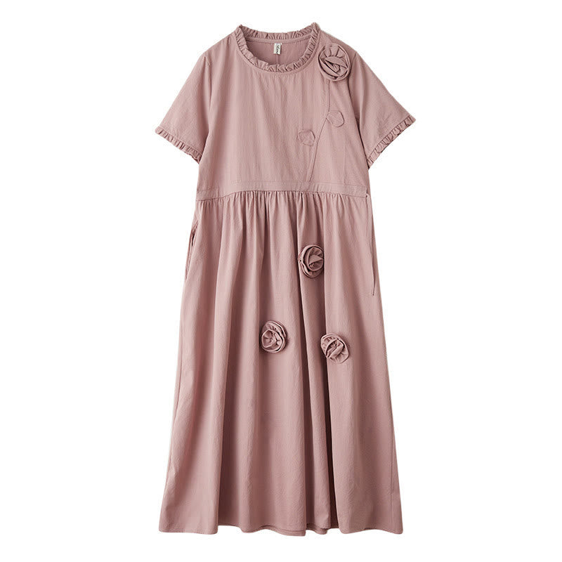 Vestido midi de lino y algodón con mangas cortas, volantes y bolsillos, con flores tridimensionales de Buddha Stones - image 16