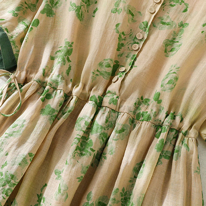 Vestido midi de algodón de manga corta con bolsillos, cintura alta, botones y cordón ajustable con estampado de Buddha Stones - image 16