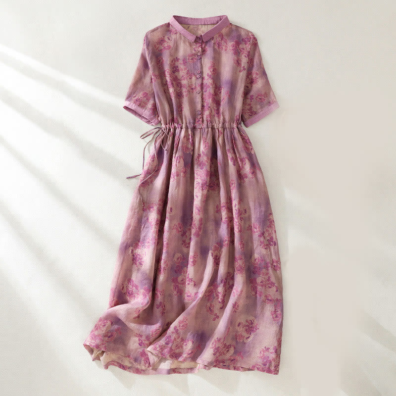 Vestido midi de algodón de manga corta con bolsillos, cintura alta, botones y cordón ajustable con estampado de Buddha Stones - Violeta pálido rojo - US8-10，UK/AU12-14，EU40-42 (2XL) - image 21