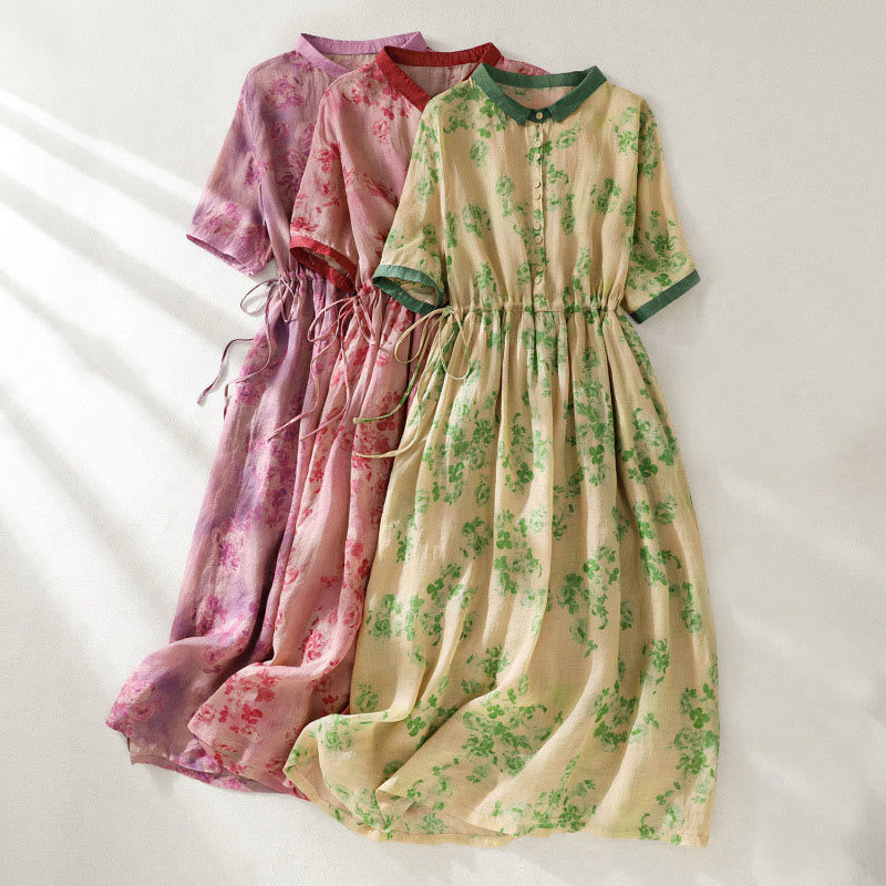 Vestido midi de algodón de manga corta con bolsillos, cintura alta, botones y cordón ajustable con estampado de Buddha Stones - image 29