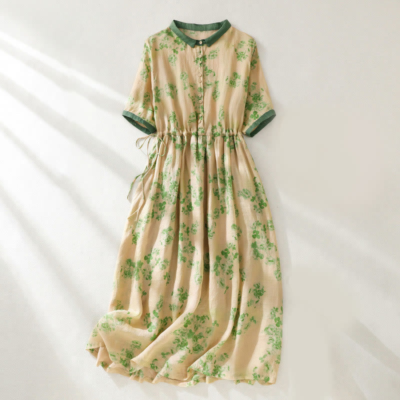 Vestido midi de algodón de manga corta con bolsillos, cintura alta, botones y cordón ajustable con estampado de Buddha Stones - Amarillo vara de oro claro - US8-10，UK/AU12-14，EU40-42 (2XL) - image 8