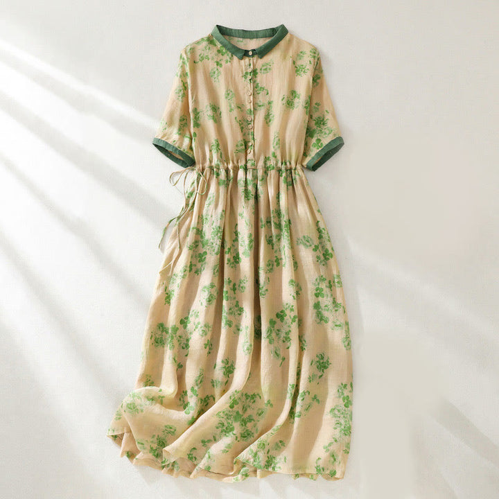 Vestido midi de algodón de manga corta con bolsillos, cintura alta, botones y cordón ajustable con estampado de Buddha Stones - Amarillo vara de oro claro - US8-10，UK/AU12-14，EU40-42 (2XL) - image 8