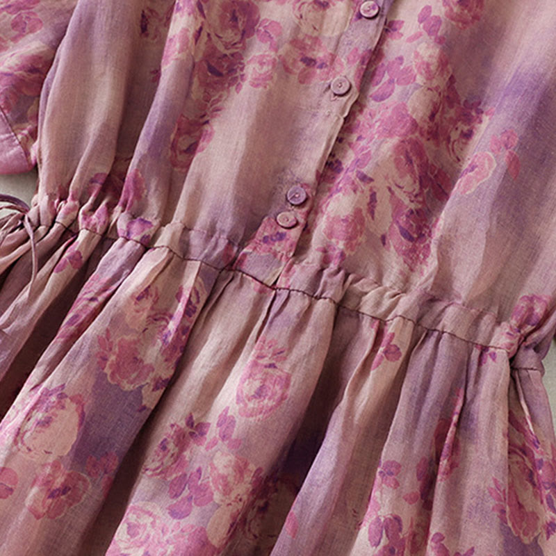 Vestido midi de algodón de manga corta con bolsillos, cintura alta, botones y cordón ajustable con estampado de Buddha Stones - image 25