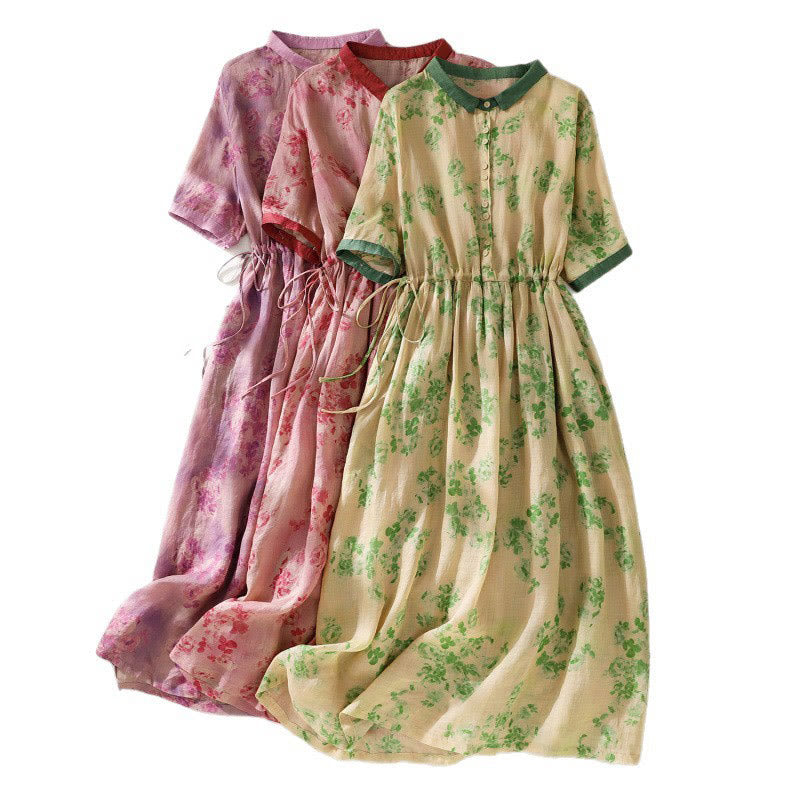 Vestido midi de algodón de manga corta con bolsillos, cintura alta, botones y cordón ajustable con estampado de Buddha Stones - image 31