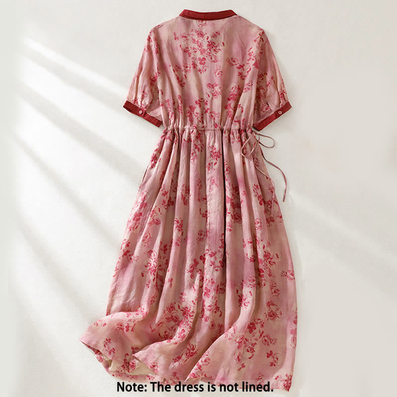 Vestido midi de algodón de manga corta con bolsillos, cintura alta, botones y cordón ajustable con estampado de Buddha Stones - image 1