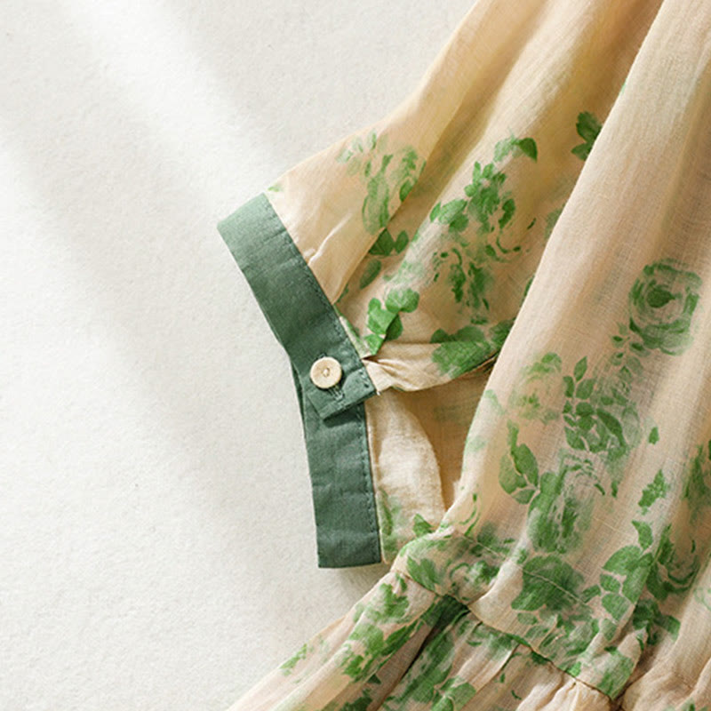 Vestido midi de algodón de manga corta con bolsillos, cintura alta, botones y cordón ajustable con estampado de Buddha Stones - image 13