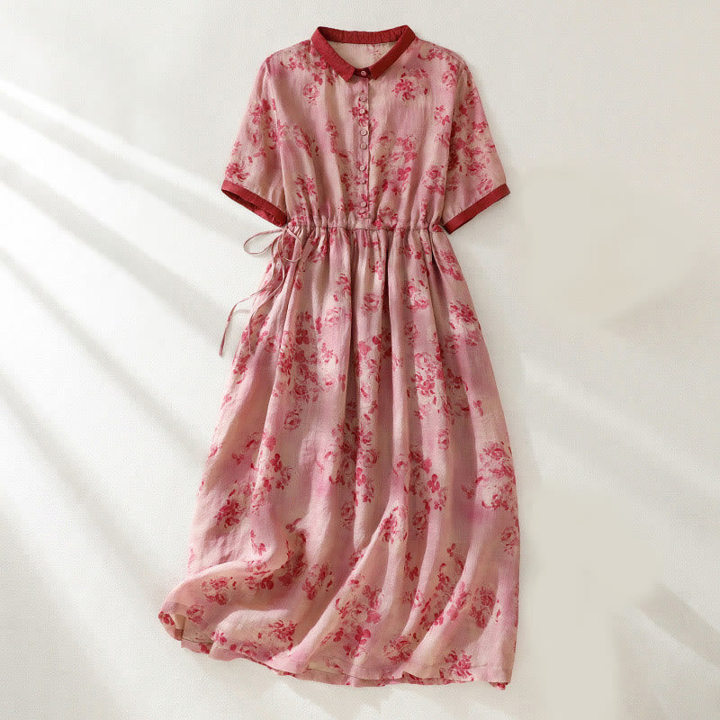 Vestido midi de algodón de manga corta con bolsillos, cintura alta, botones y cordón ajustable con estampado de Buddha Stones - Salmón - US8-10，UK/AU12-14，EU40-42 (2XL) - image 1