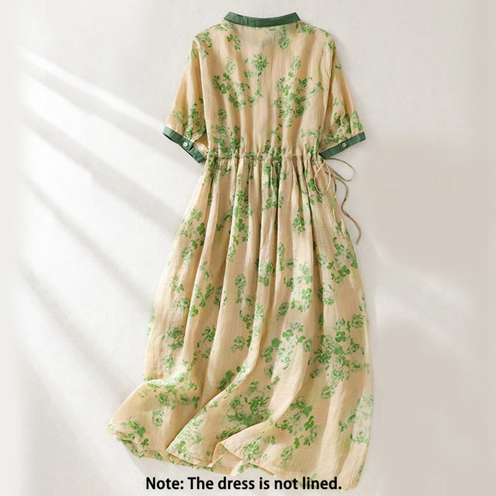 Vestido midi de algodón de manga corta con bolsillos, cintura alta, botones y cordón ajustable con estampado de Buddha Stones - image 9