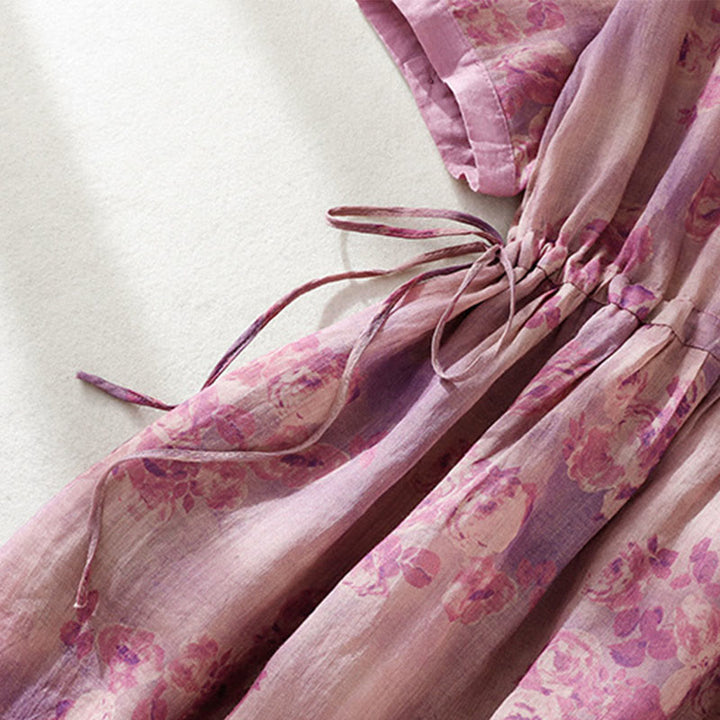 Vestido midi de algodón de manga corta con bolsillos, cintura alta, botones y cordón ajustable con estampado de Buddha Stones - image 27