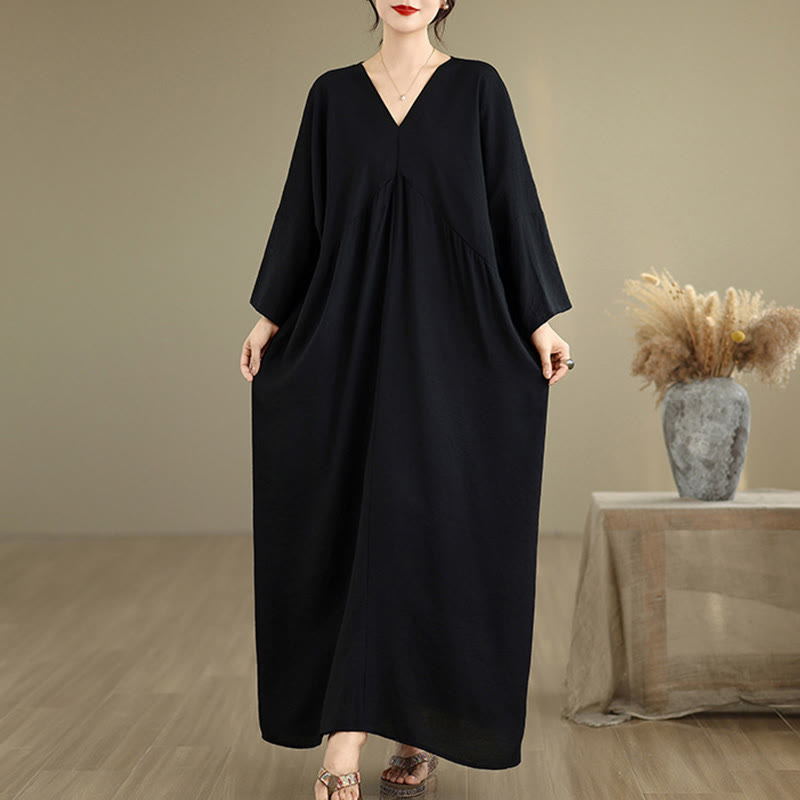 Vestido midi de algodón con cuello en V y manga larga en color puro de Buddha Stones Fall - Negro - US4-12, UK/AU8-18, UE36-46(F) - image 1