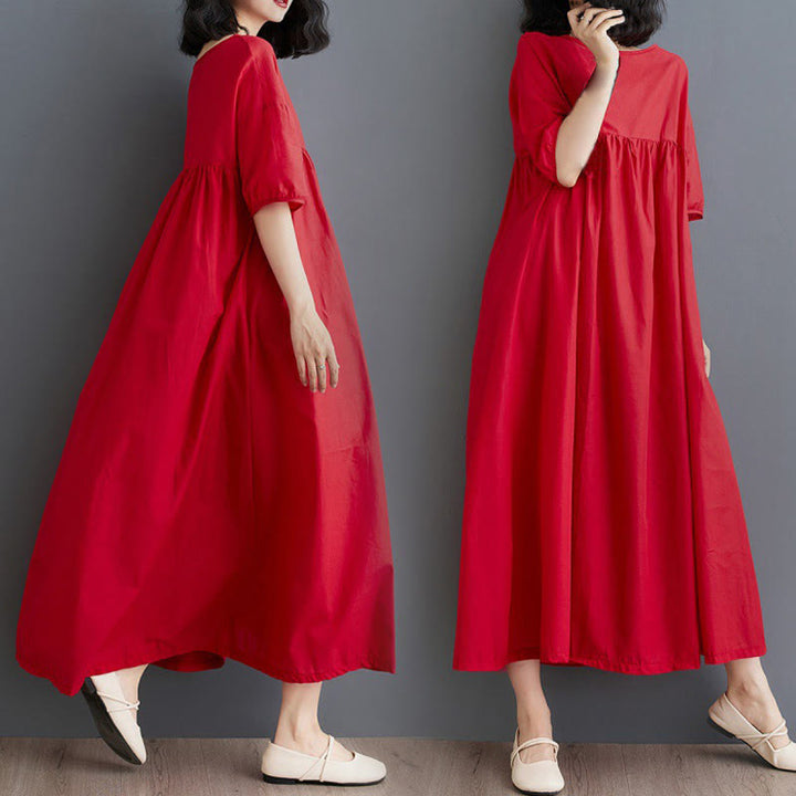 Vestido midi de algodón con cuello redondo, mangas abullonadas y diseño plisado de color liso con Buddha Stones - Rojo - US14，UK/AU18，EU46 (2XL) - image 21