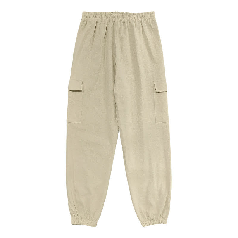 Pantalones cargo de lino con cordón y bolsillos para hombre, de color liso, con Buddha Stones - image 22