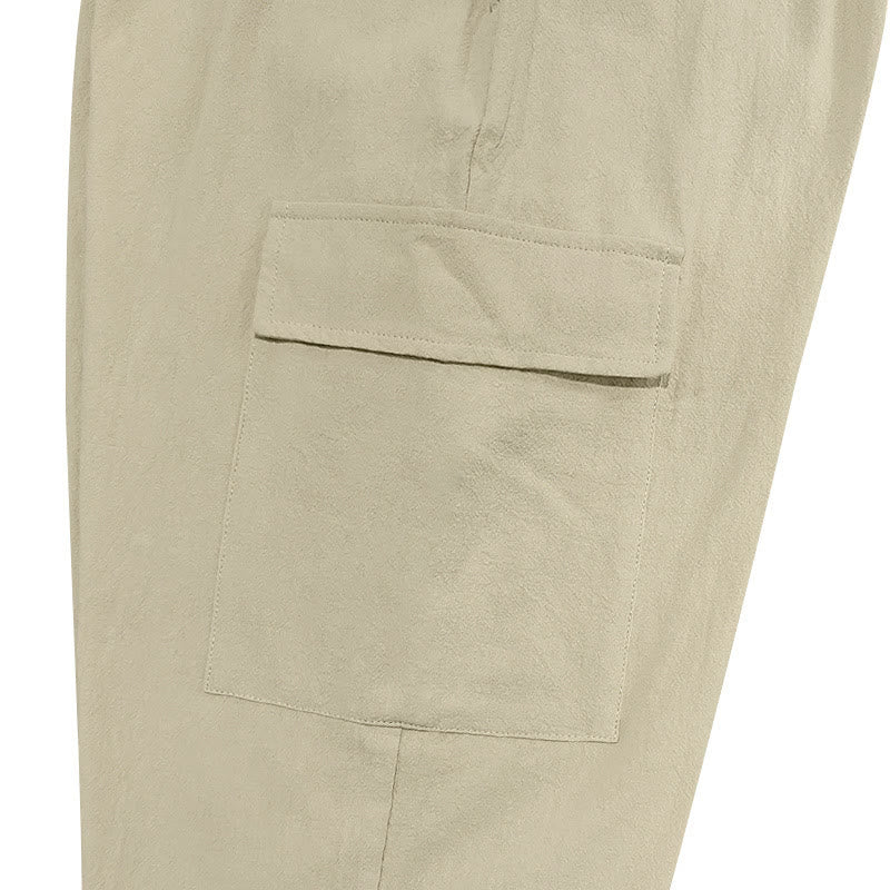 Pantalones cargo de lino con cordón y bolsillos para hombre, de color liso, con Buddha Stones - image 24