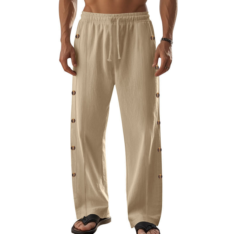 Pantalones de algodón para hombre con bolsillos y botones laterales de color liso con Buddha Stones - image 10