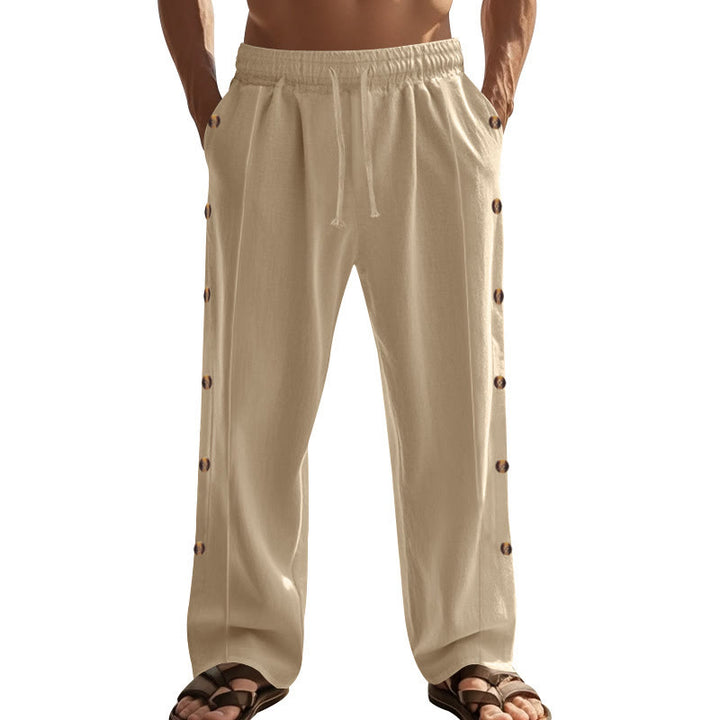 Pantalones de algodón para hombre con bolsillos y botones laterales de color liso con Buddha Stones - image 8