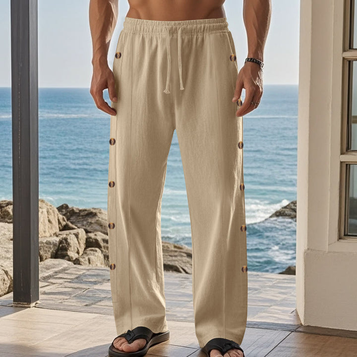 Pantalones de algodón para hombre con bolsillos y botones laterales de color liso con Buddha Stones - image 6