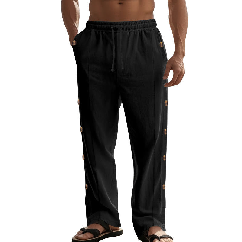 Pantalones de algodón para hombre con bolsillos y botones laterales de color liso con Buddha Stones - image 19