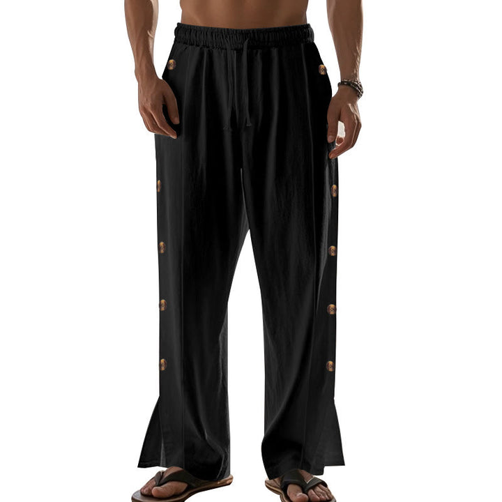 Pantalones de algodón para hombre con bolsillos y botones laterales de color liso con Buddha Stones - image 21