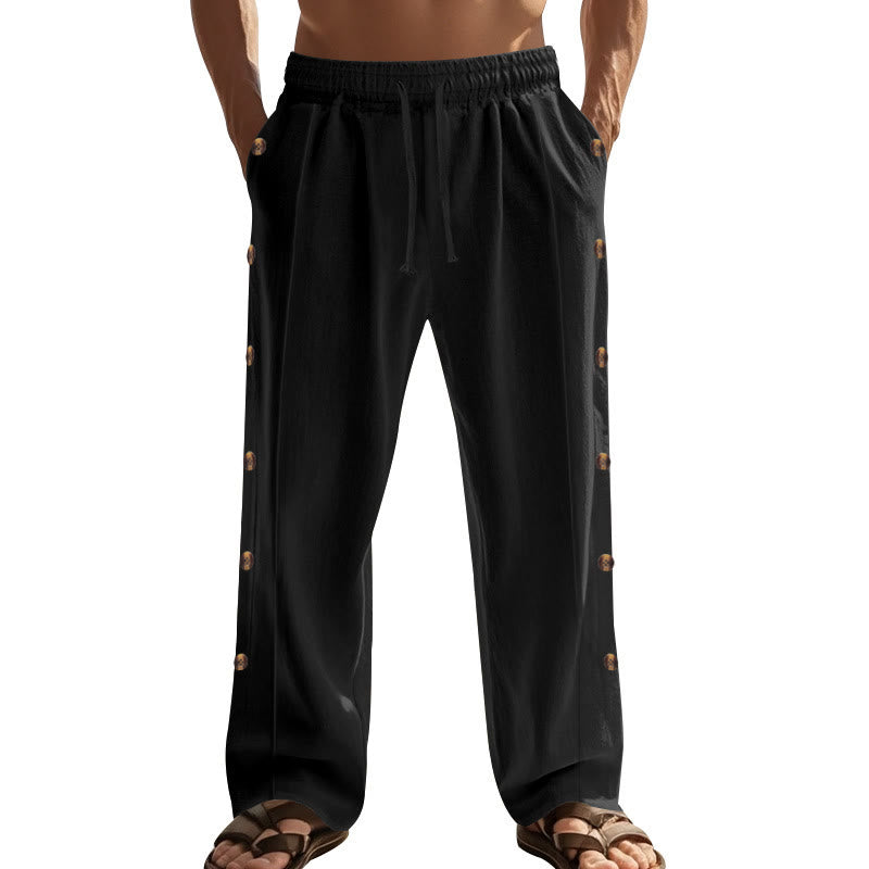 Pantalones de algodón para hombre con bolsillos y botones laterales de color liso con Buddha Stones - image 20