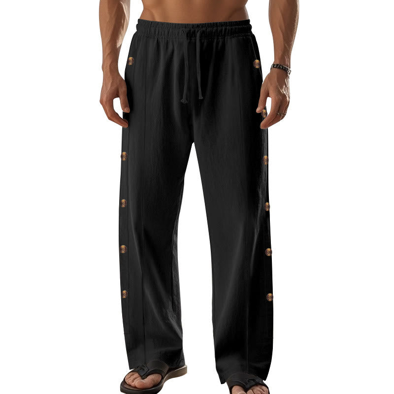 Pantalones de algodón para hombre con bolsillos y botones laterales de color liso con Buddha Stones - image 17