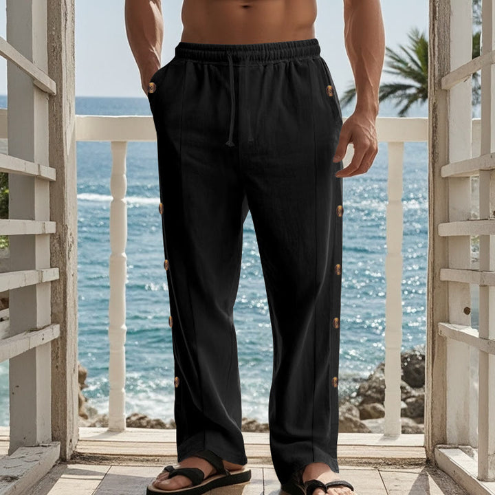 Pantalones de algodón para hombre con bolsillos y botones laterales de color liso con Buddha Stones - image 13