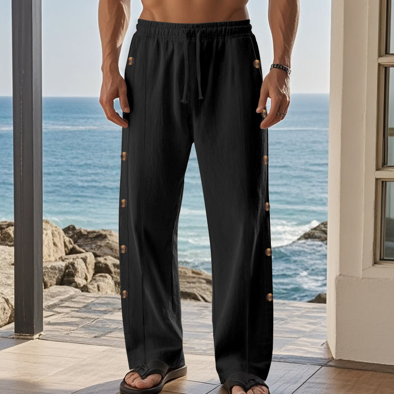 Pantalones de algodón para hombre con bolsillos y botones laterales de color liso con Buddha Stones - image 15
