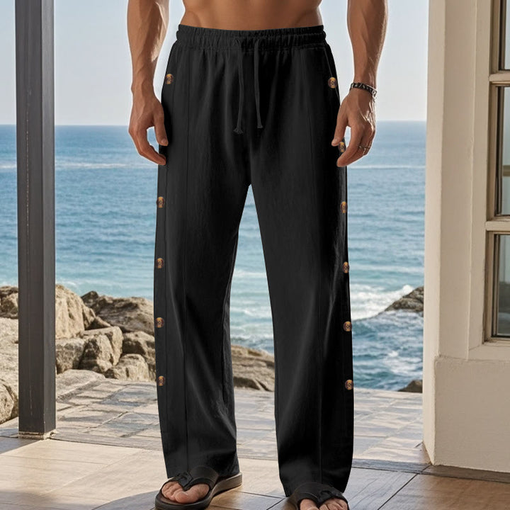 Pantalones de algodón para hombre con bolsillos y botones laterales de color liso con Buddha Stones - image 15
