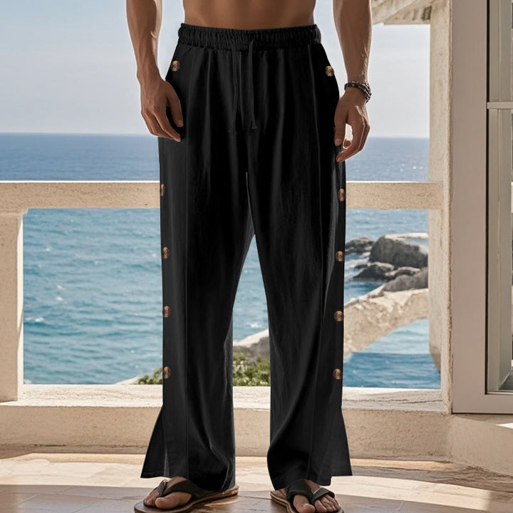 Pantalones de algodón para hombre con bolsillos y botones laterales de color liso con Buddha Stones - image 14