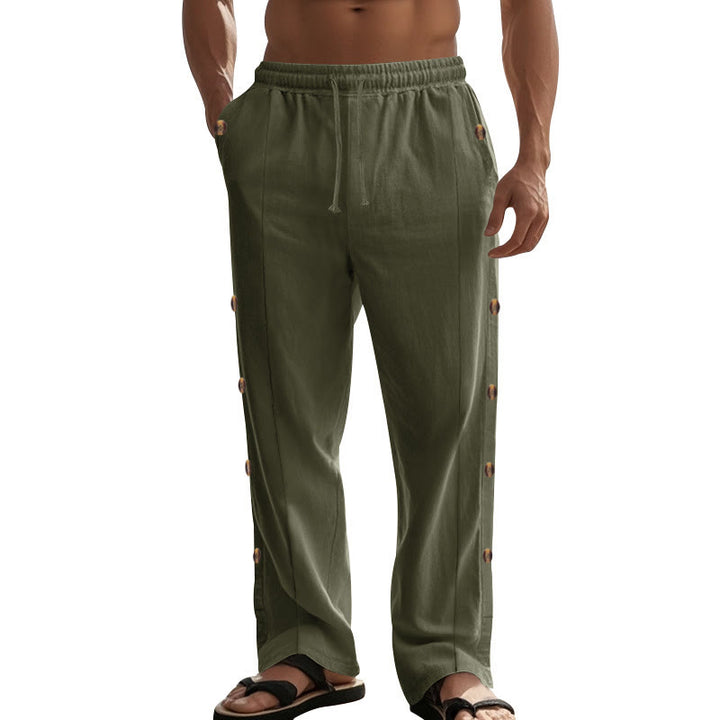 Pantalones de algodón para hombre con bolsillos y botones laterales de color liso con Buddha Stones - image 32