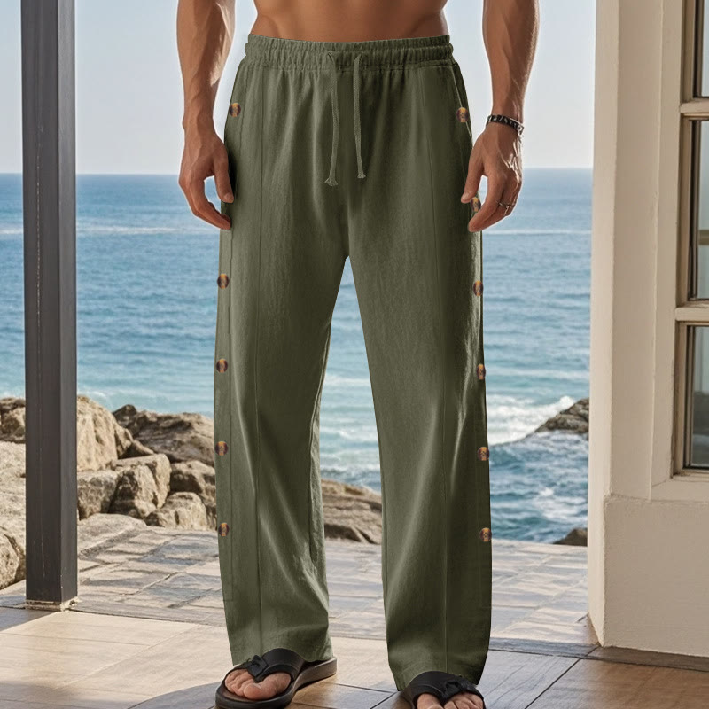 Pantalones de algodón para hombre con bolsillos y botones laterales de color liso con Buddha Stones - image 24