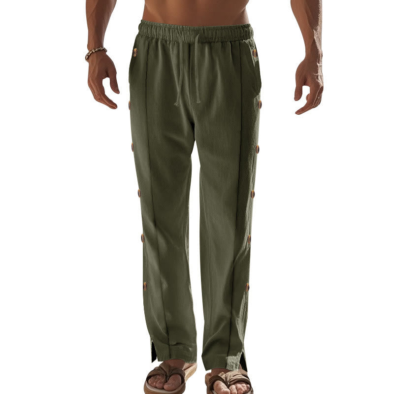 Pantalones de algodón para hombre con bolsillos y botones laterales de color liso con Buddha Stones - image 33