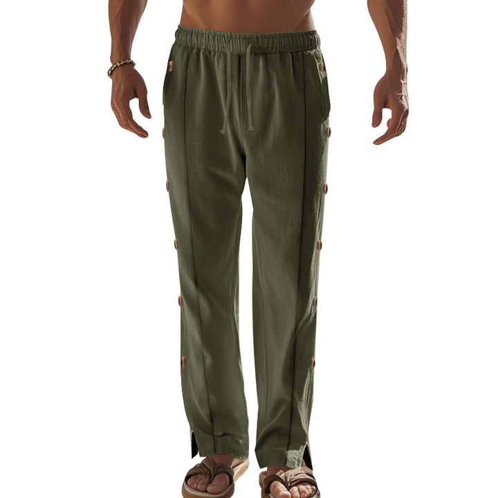 Pantalones de algodón para hombre con bolsillos y botones laterales de color liso con Buddha Stones - image 33