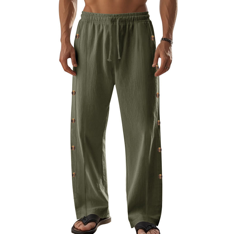 Pantalones de algodón para hombre con bolsillos y botones laterales de color liso con Buddha Stones - image 35