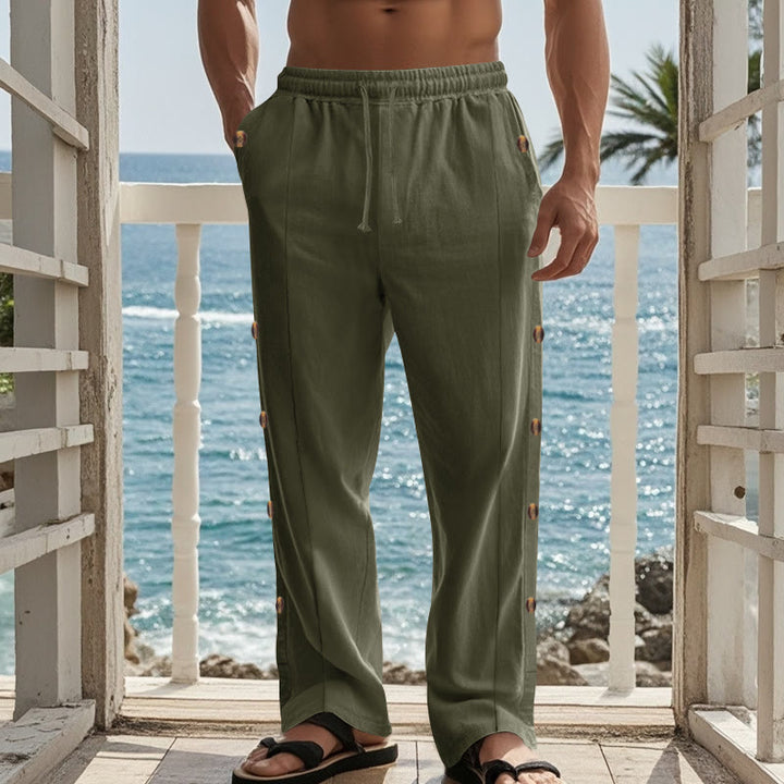 Pantalones de algodón para hombre con bolsillos y botones laterales de color liso con Buddha Stones - image 30
